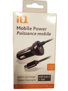 New iQ Mobile Power Rapid in Car Charger USB Type C & USB Coiled Cable 1.2m/4ft